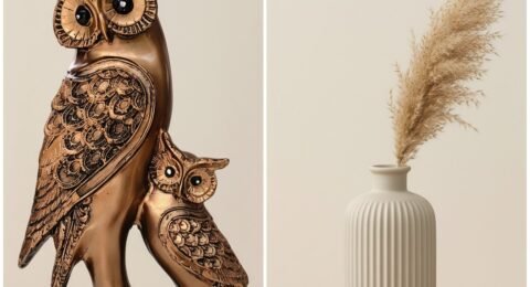 Brown polyresin owl figurine beside cream ceramic ribbed vase comparison shot in modern living room