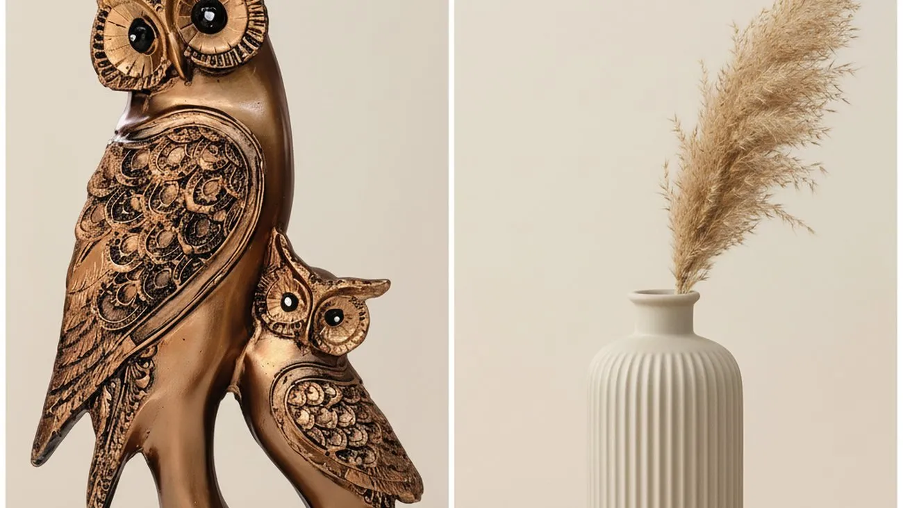 Brown polyresin owl figurine beside cream ceramic ribbed vase comparison shot in modern living room