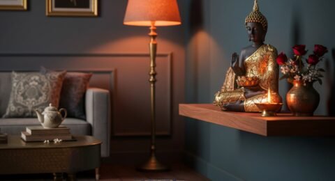 Gold Buddha statue with tealight candle holder in moody evening room with warm brass accents