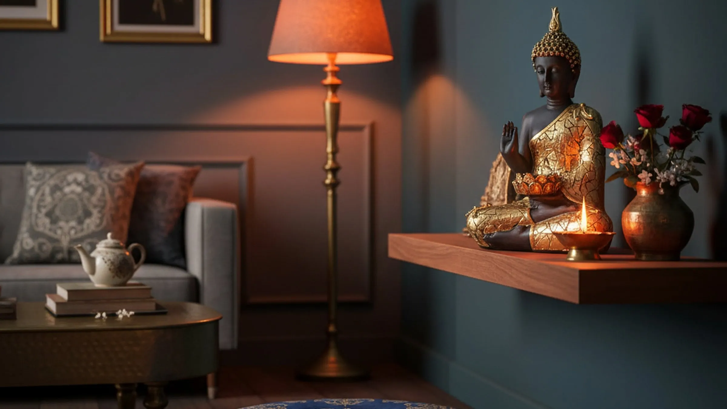 Gold Buddha statue with tealight candle holder in moody evening room with warm brass accents
