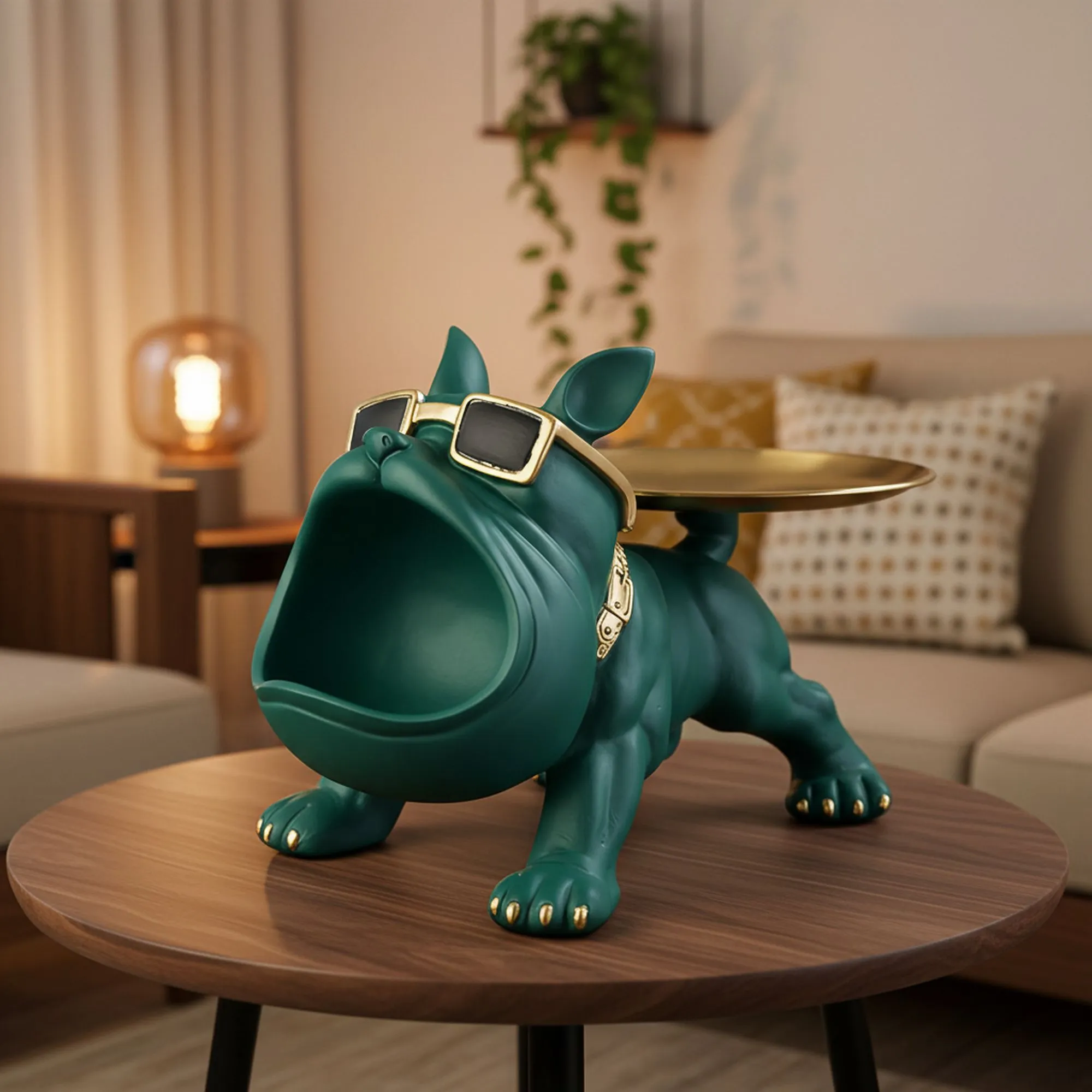 Bulldog Showpiece Green - Living Room Cozy Bulldog Showpiece with Storage Tray for Home Decor and Gifting – Cool Polyresin Dog Figurine Organizer Green 25cm | Neelaya Home Decor